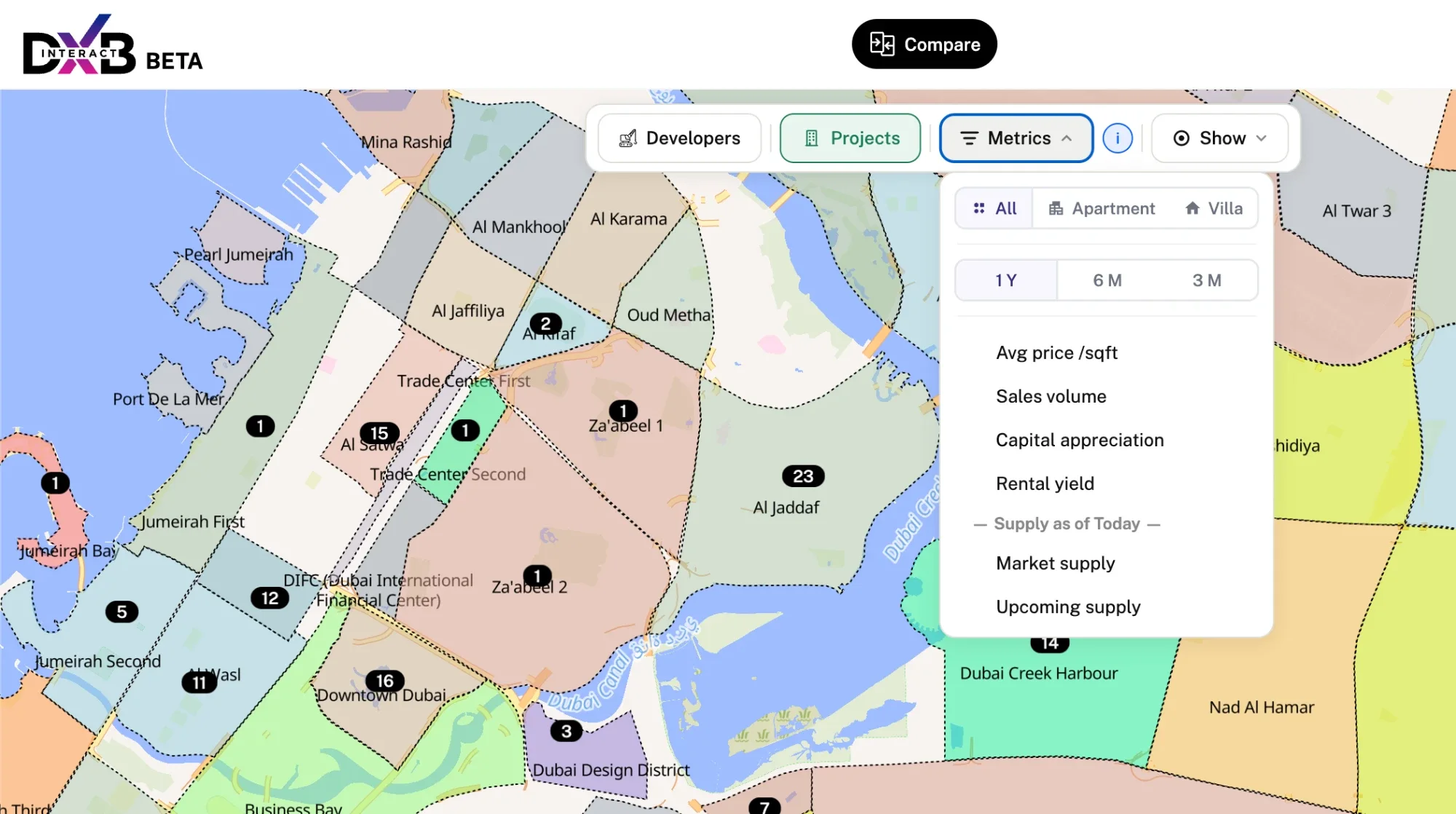 Investment Map: Dubai areas coloured by market metric, with the Metrics menu open showing price per sqft, sales volume, capital appreciation, rental yield and supply
