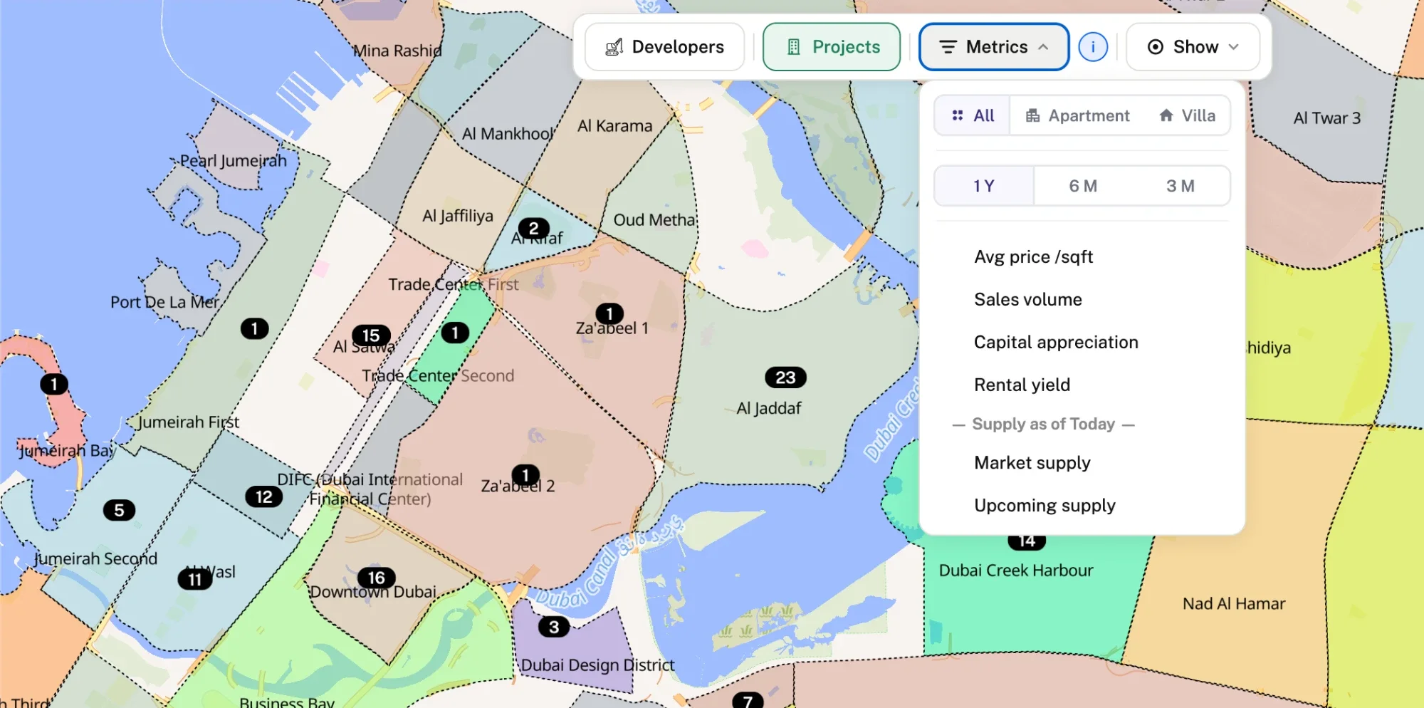 Dubai map coloured by area with the Metrics menu listing price per sqft, sales volume, capital appreciation, rental yield, market supply and upcoming supply