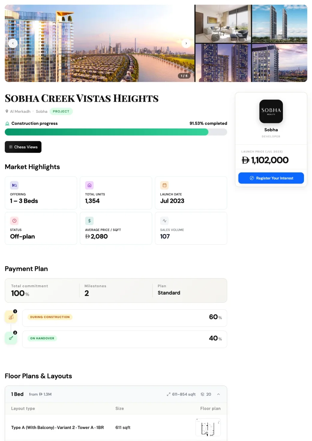 Project page for an off-plan tower showing gallery, construction progress, market highlights, payment plan and floor plans